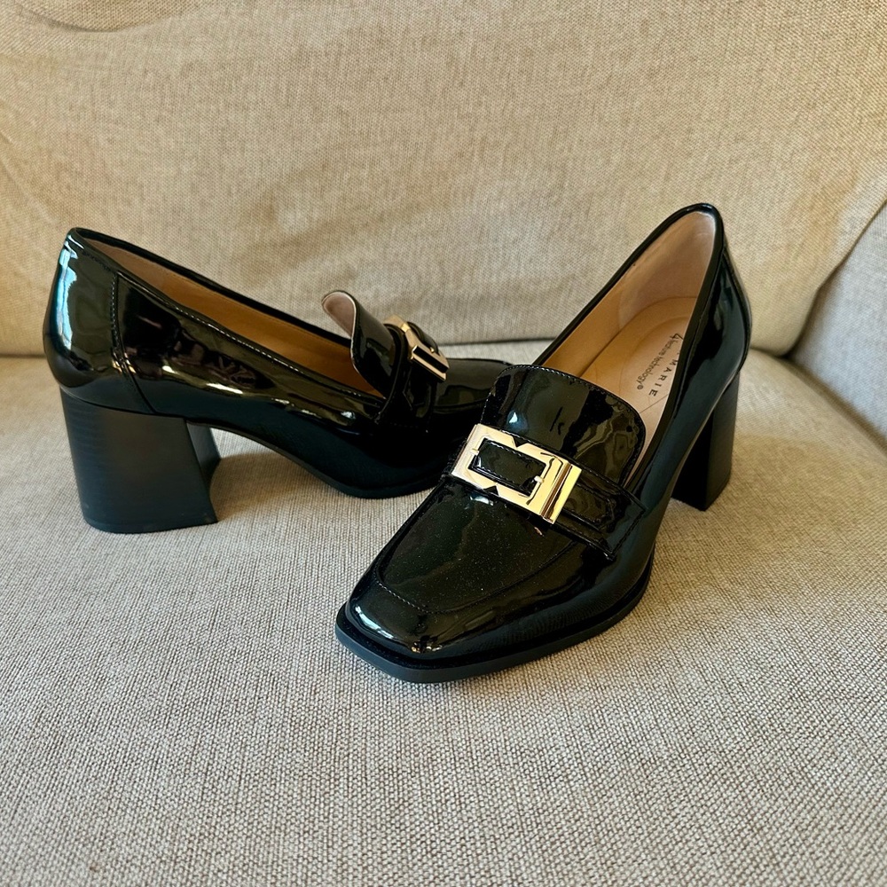 Alex Marie Shiny Black Loafers with Gold Buckle